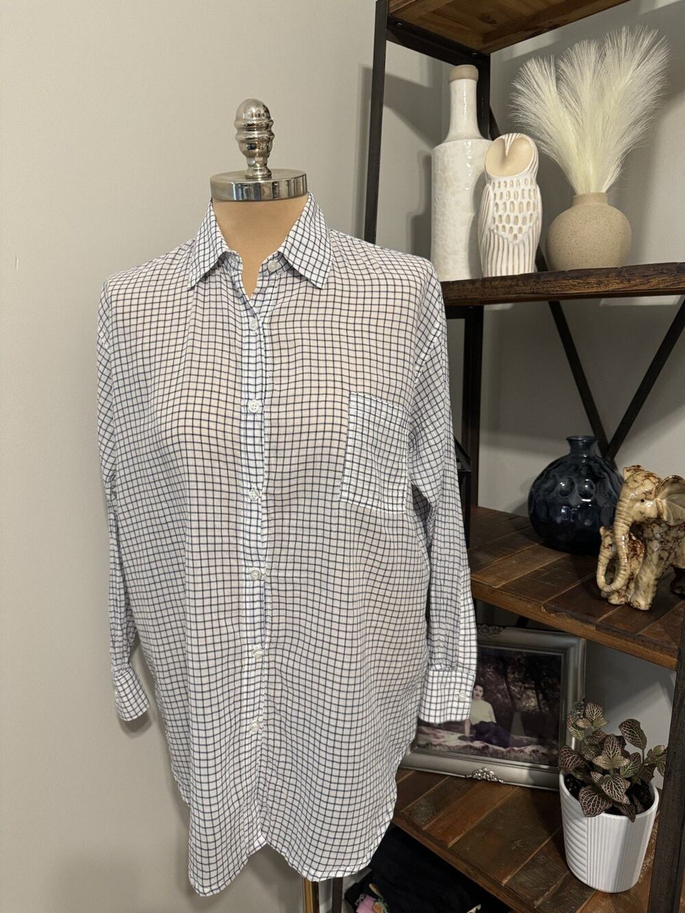 Koch Plaid Sheer Shirt Women Long Sleeve Women’s SIZE XS White Blue